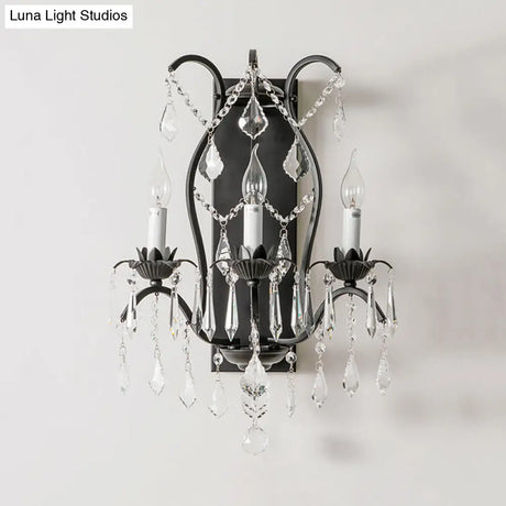 Modern Candelabra Wall Sconce With Crystal Drop - Black/Brass Finish 3 Lights