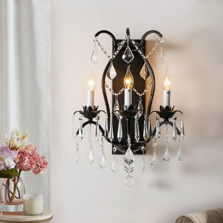 Modern Candelabra Wall Sconce With Crystal Drop - Black/Brass Finish 3 Lights Black