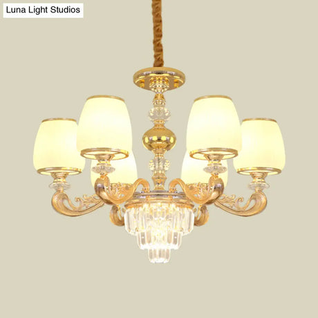 Modern Carved Arm Bedroom Chandelier: Milk Glass 6 Bulbs Gold Crystal Hanging Light