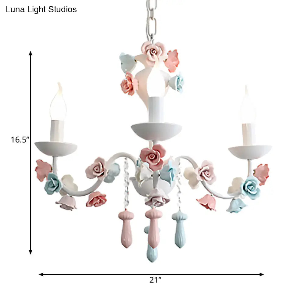 Modern Ceramic Chandelier Pendant Light - Candle Style White Finish With Rose Decoration
