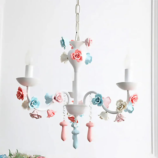 Modern Ceramic Chandelier Pendant Light - Candle Style White Finish With Rose Decoration 3 /