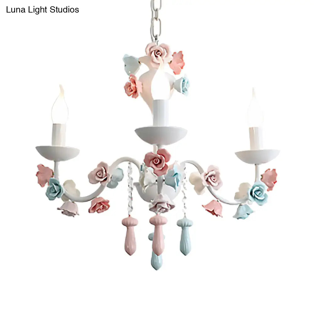 Modern Ceramic Chandelier Pendant Light - Candle Style White Finish With Rose Decoration