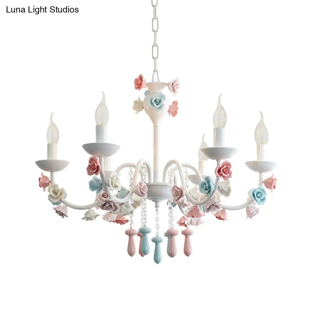 Modern Ceramic Chandelier Pendant Light - Candle Style White Finish With Rose Decoration