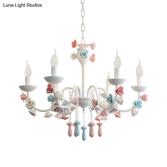 Modern Ceramic Chandelier Pendant Light - Candle Style White Finish With Rose Decoration