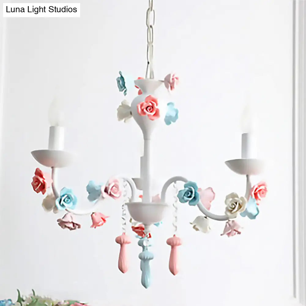 Modern Ceramic Chandelier Pendant Light - Candle Style White Finish With Rose Decoration
