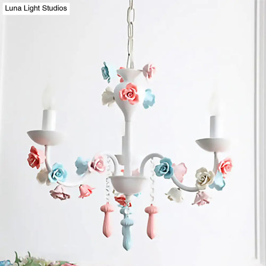 Modern Ceramic Chandelier Pendant Light - Candle Style White Finish With Rose Decoration