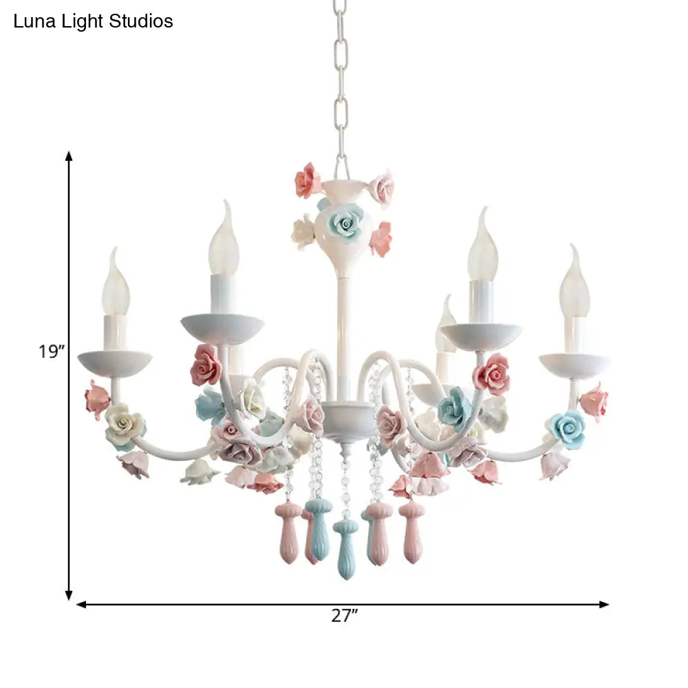 Modern Ceramic Chandelier Pendant Light - Candle Style White Finish With Rose Decoration