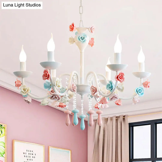 Modern Ceramic Chandelier Pendant Light - Candle Style White Finish With Rose Decoration