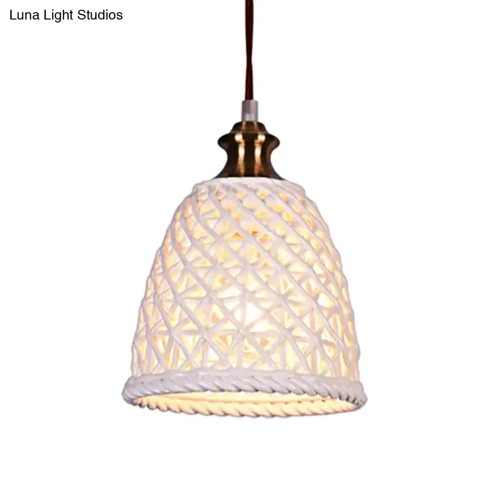 Modern Ceramic Pendant Lamp For Restaurants - Stylish Domed Basket Design 1 Head Hanging Light