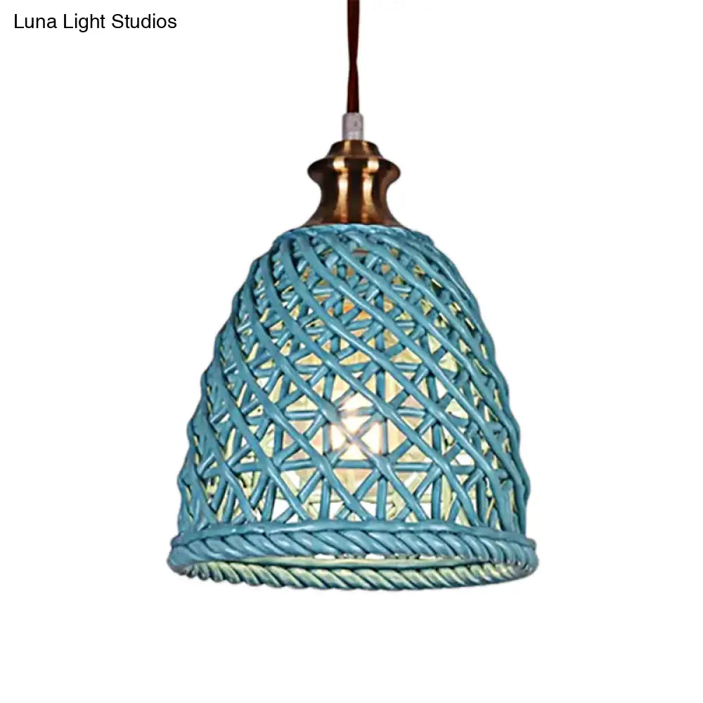 Modern Ceramic Pendant Lamp For Restaurants - Stylish Domed Basket Design 1 Head Hanging Light