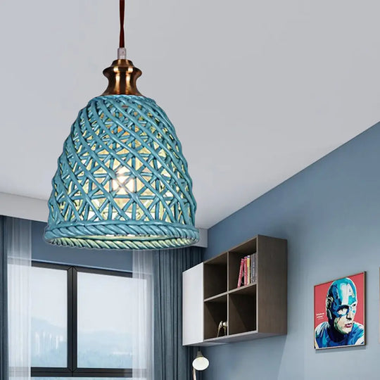 Modern Ceramic Pendant Lamp For Restaurants - Stylish Domed Basket Design 1 Head Hanging Light Blue