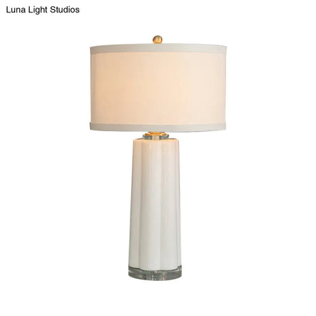 Modern Ceramic Round Fabric Nightstand Lamp - White Finish 1 Head
