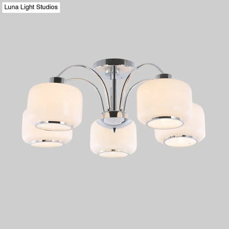 Modern Chrome Arched Semi Flush Light With 5 Metal Heads And Opal Glass Shade
