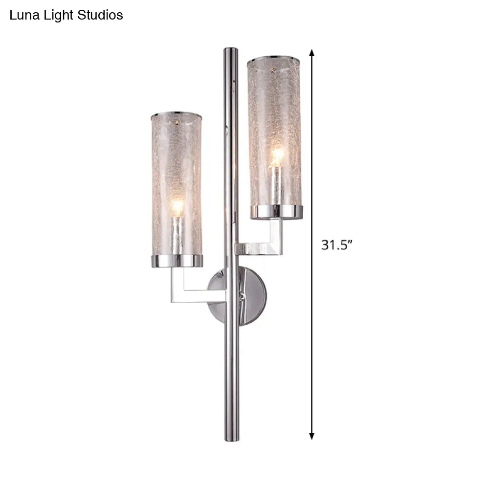 Modern Chrome Armed Wall Lamp With Crackle Glass Shade - 2 Bulb Metal Sconce Light Fixture