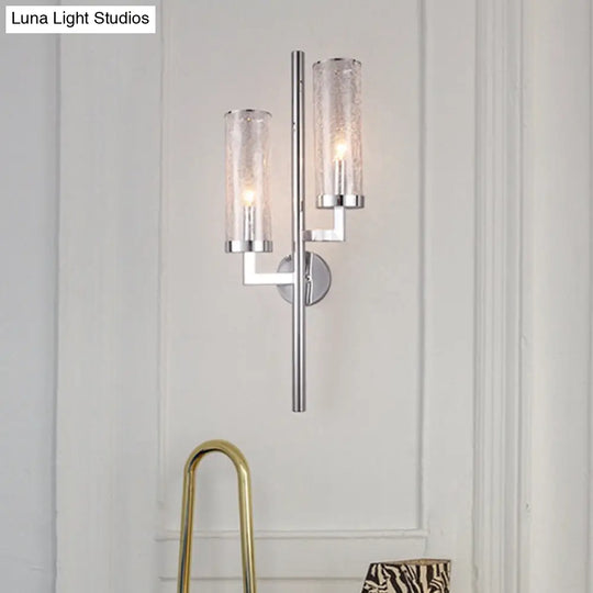 Modern Chrome Armed Wall Lamp With Crackle Glass Shade - 2 Bulb Metal Sconce Light Fixture