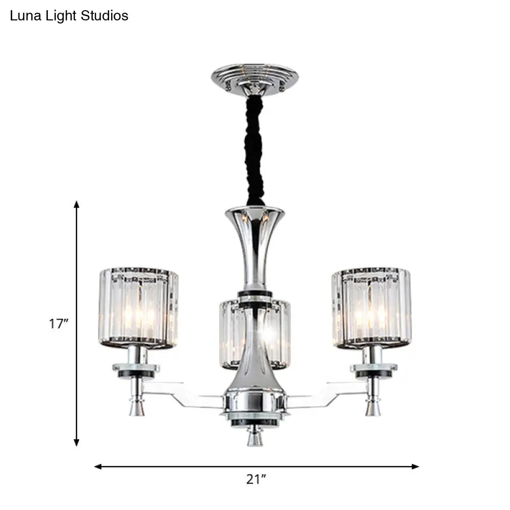 Modern Chrome Chandelier With Cylinder Crystal Prisms - 3-Bulb Suspension Lamp Fixture