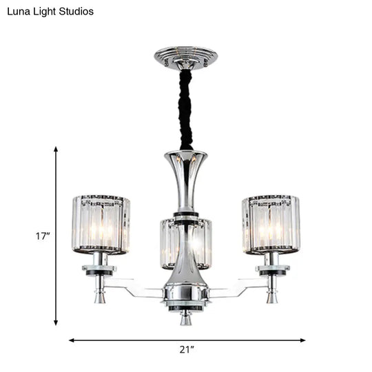 Modern Chrome Chandelier With Cylinder Crystal Prisms - 3-Bulb Suspension Lamp Fixture