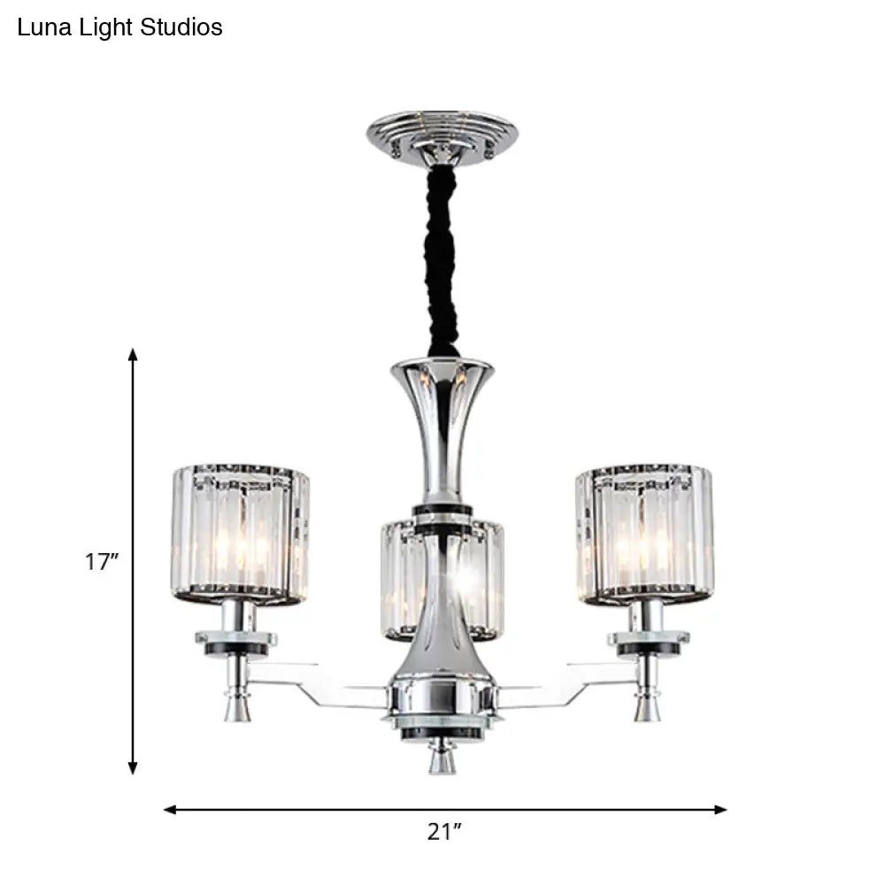 Modern Chrome Chandelier Light Fixture With Cylinder Crystal Prisms And 3 Bulbs