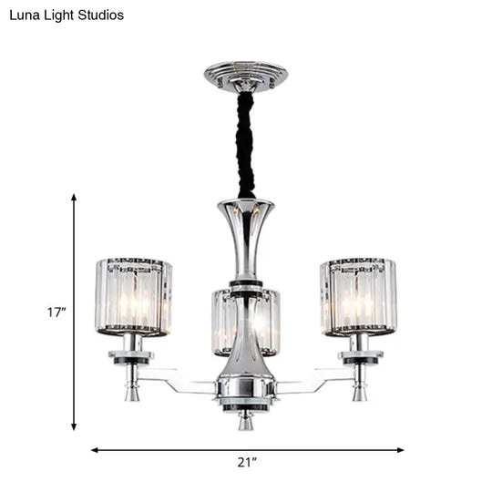 Modern Chrome Chandelier Light Fixture With Cylinder Crystal Prisms And 3 Bulbs