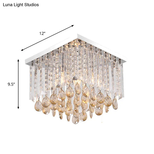 Modern Chrome Crystal Drop Bedroom Ceiling Light - Square Mount 8’/12’ Wide