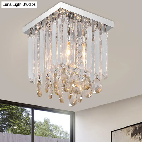 Modern Chrome Crystal Drop Bedroom Ceiling Light - Square Mount 8/12 Wide / 8
