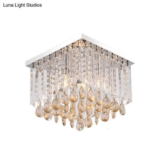 Modern Chrome Crystal Drop Bedroom Ceiling Light - Square Mount 8/12 Wide