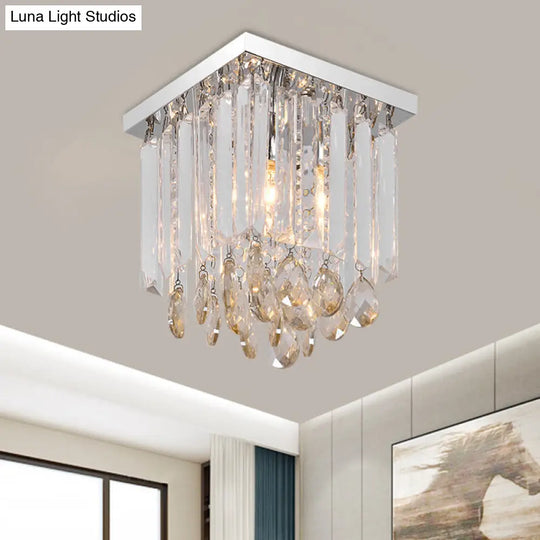 Modern Chrome Crystal Drop Bedroom Ceiling Light - Square Mount 8/12 Wide