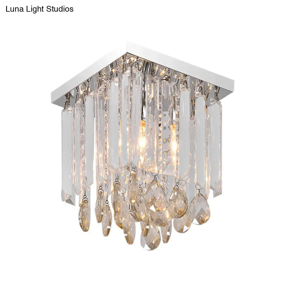 Modern Chrome Crystal Drop Bedroom Ceiling Light - Square Mount 8/12 Wide