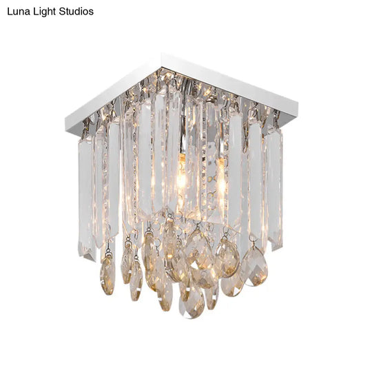 Modern Chrome Crystal Drop Bedroom Ceiling Light - Square Mount 8/12 Wide