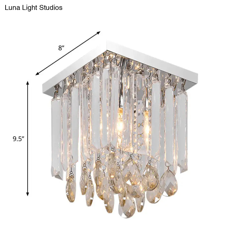 Modern Chrome Crystal Drop Bedroom Ceiling Light - Square Mount 8/12 Wide