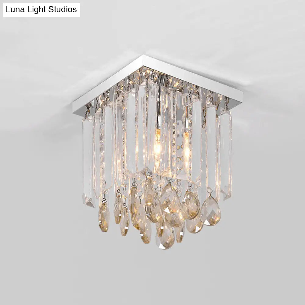 Modern Chrome Crystal Drop Bedroom Ceiling Light - Square Mount 8/12 Wide
