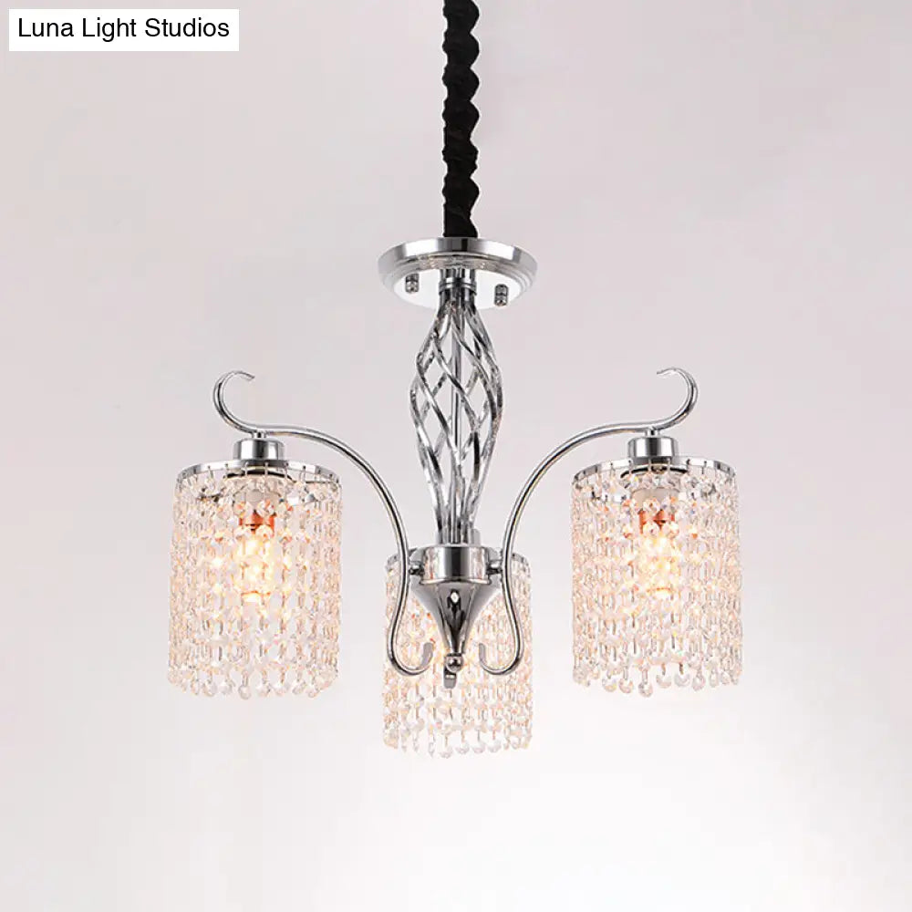 Modern Chrome Cylindrical Chandelier Lamp With Crystal Strand - 3/5-Head Hanging Pendant Light