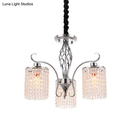 Modern Chrome Cylindrical Chandelier Lamp With Crystal Strand - 3/5-Head Hanging Pendant Light