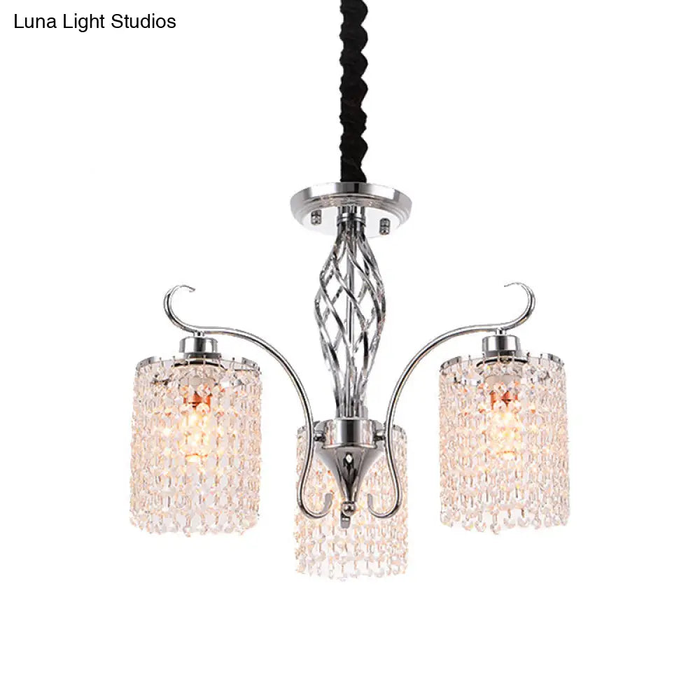 Modern Chrome Cylindrical Chandelier Lamp With Crystal Strand - 3/5-Head Hanging Pendant Light