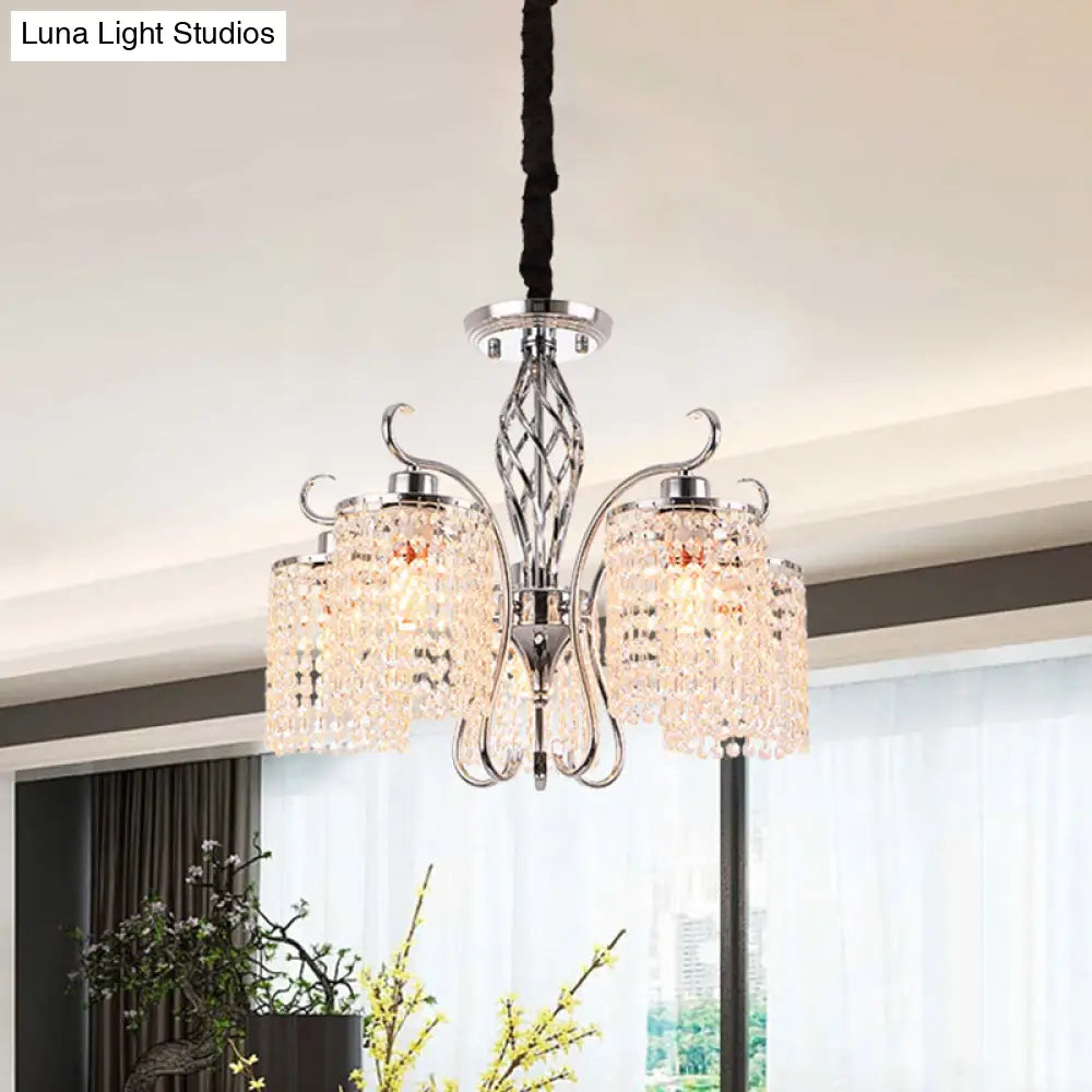 Modern Chrome Cylindrical Chandelier Lamp With Crystal Strand - 3/5-Head Hanging Pendant Light