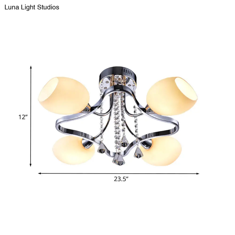 Modern Chrome Dome Bedroom Ceiling Light With White Glass And 4 Lights