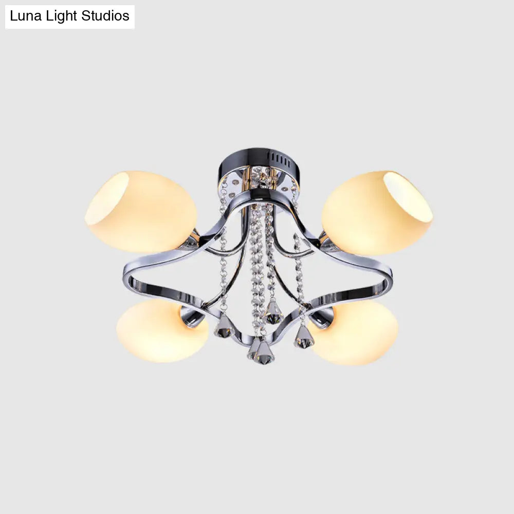 Modern Chrome Dome Bedroom Ceiling Light With White Glass And 4 Lights