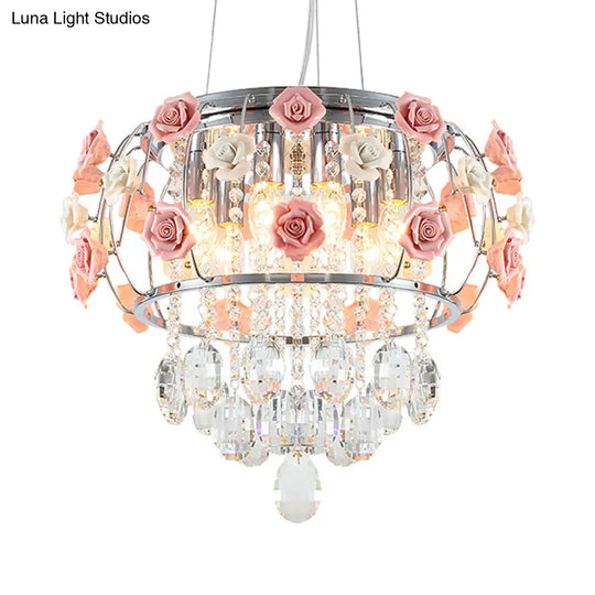 Modern Chrome Drum Cage Pendant Chandelier With 6 Bulbs And Pink Rose Crystal Drape – Dining
