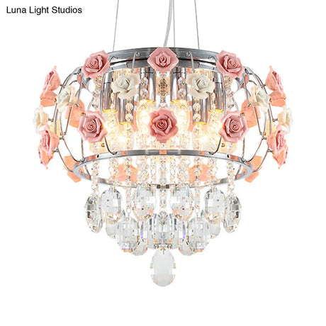 Modern Chrome Drum Cage Pendant Chandelier With 6 Bulbs And Pink Rose Crystal Drape – Dining