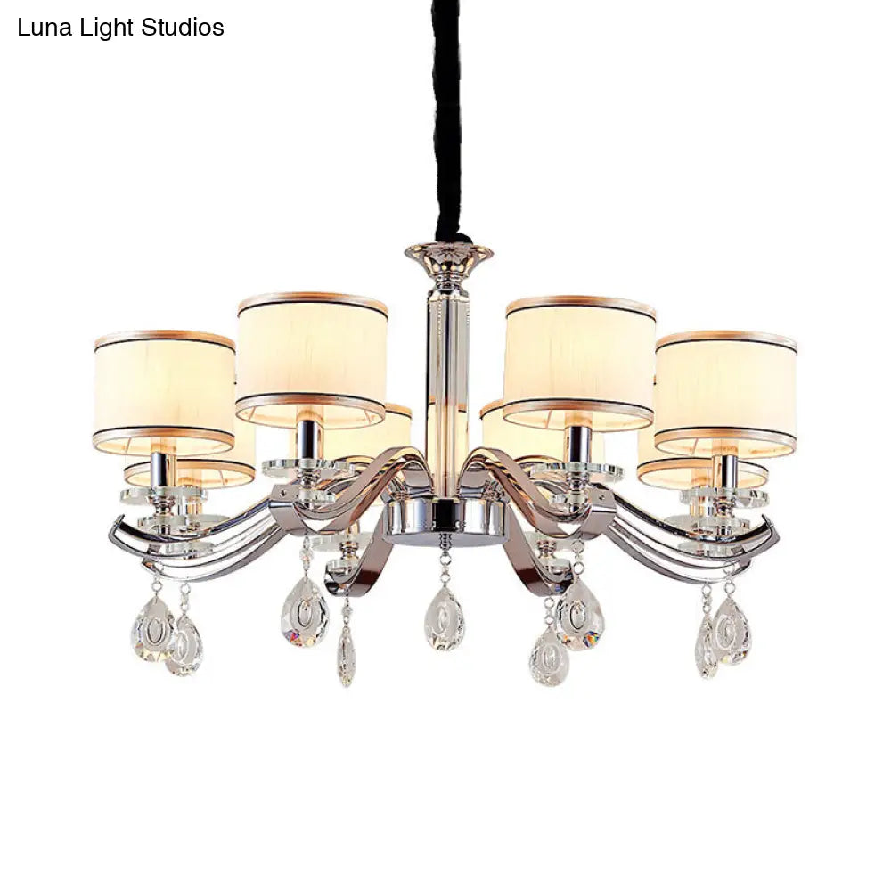 Modern Chrome Finish Chandelier With 8 Bulbs Metal Curved Arms And Small Drum Fabric Shade