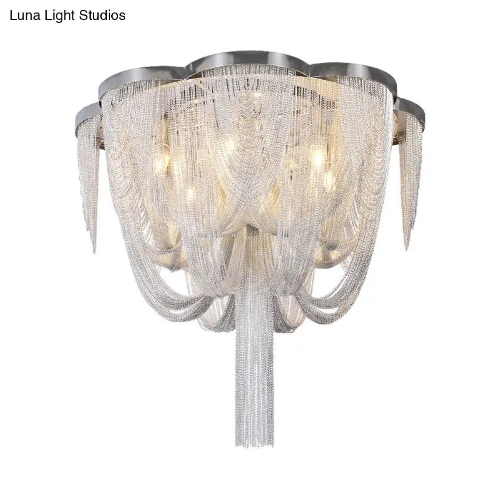 Modern Chrome Finish Flush Mount Ceiling Light | 5-Light Tassel Chain Chandelier