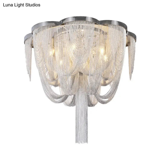 Modern Chrome Finish Flush Mount Ceiling Light | 5-Light Tassel Chain Chandelier