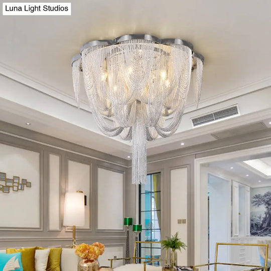 Modern Chrome Finish Flush Mount Ceiling Light | 5 - Light Tassel Chain Chandelier