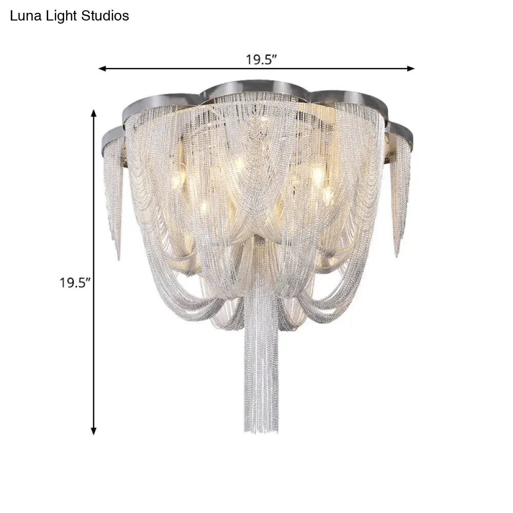Modern Chrome Finish Flush Mount Ceiling Light | 5-Light Tassel Chain Chandelier