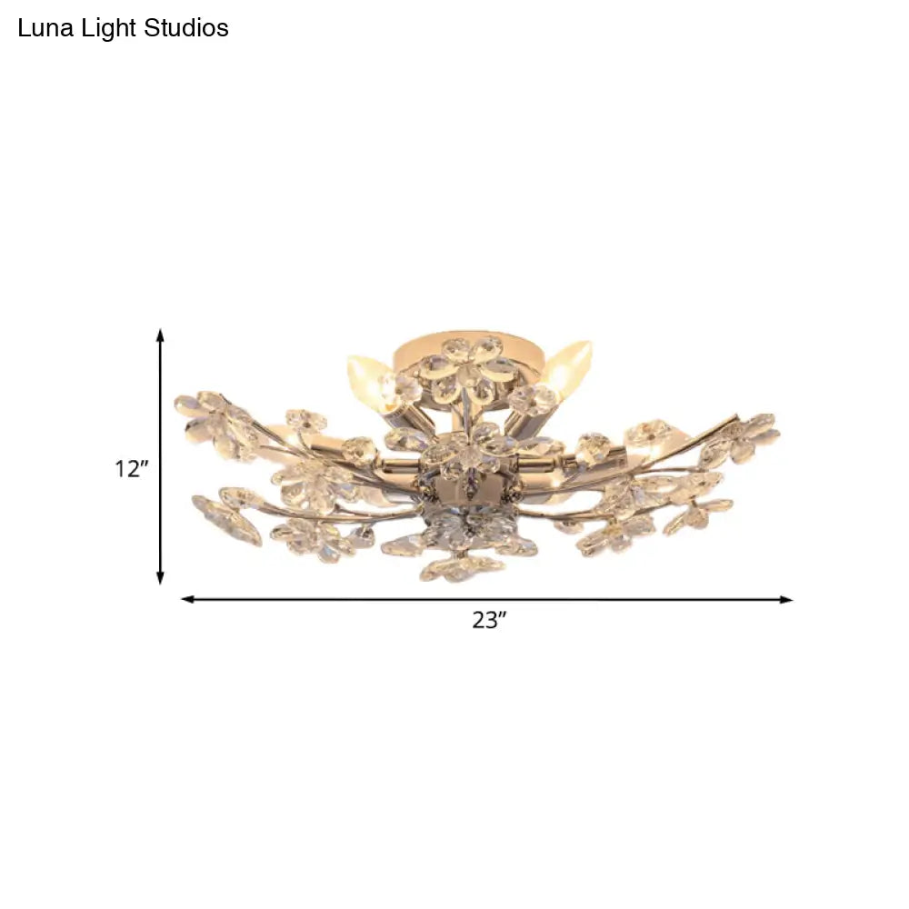 Modern Chrome Finish Semi Flush Mount With 6 Lights & Flower Crystal Accents