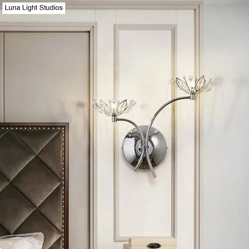 Modern Chrome Flower Wall Lamp With Crystal Stamen - Bedside Sconce