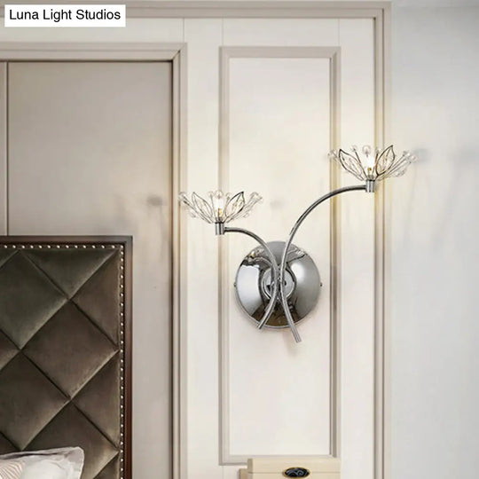 Modern Chrome Flower Wall Lamp With Crystal Stamen - Bedside Sconce