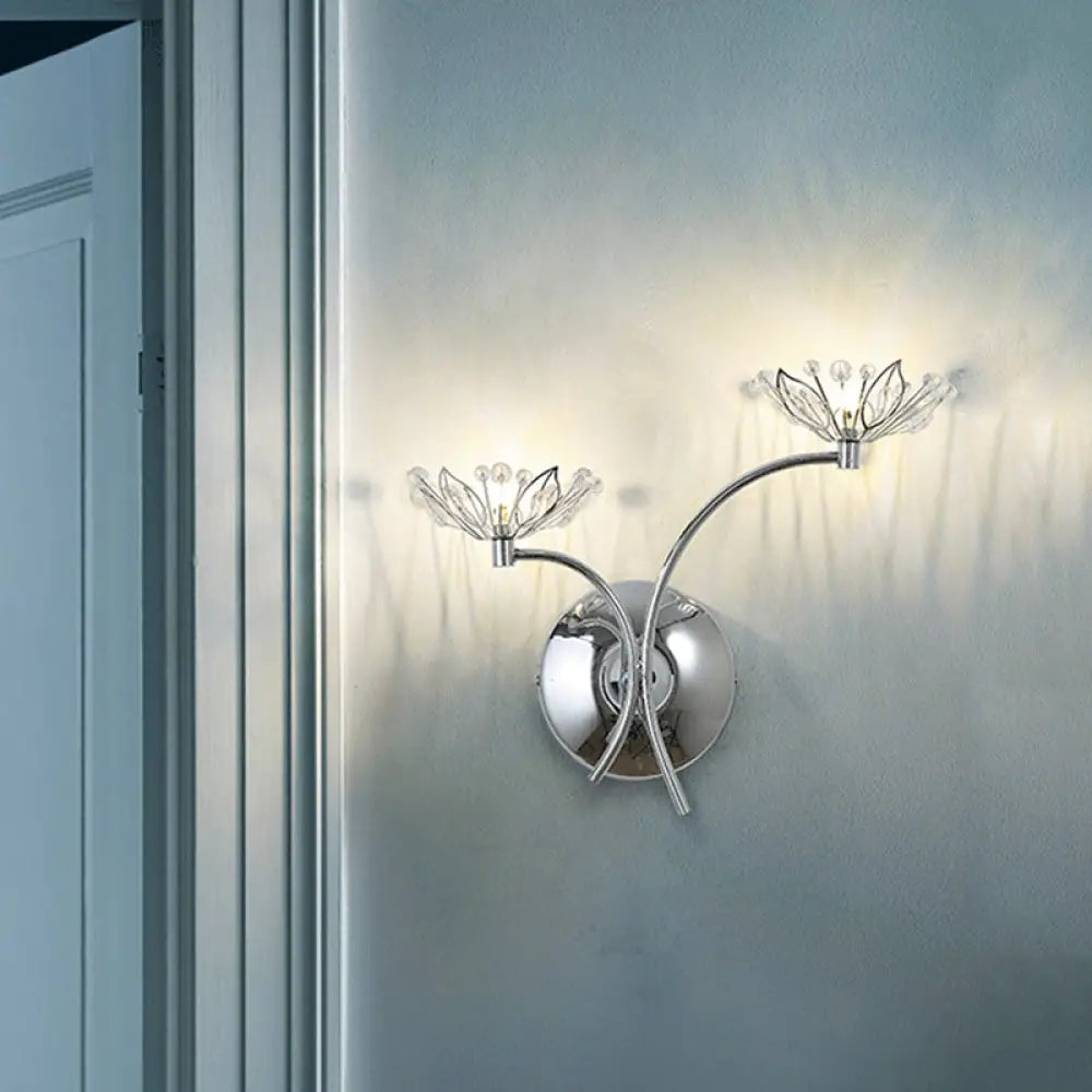 Modern Chrome Flower Wall Lamp With Crystal Stamen - Bedside Sconce