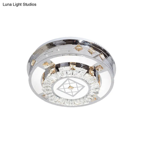 Modern Chrome Led Round Flush Mount Crystal Ceiling Light In Warm/White 19.5’/31.5’ Wide