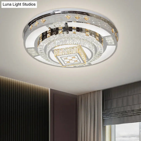 Modern Chrome Led Round Flush Mount Crystal Ceiling Light In Warm/White 19.5’/31.5’ Wide
